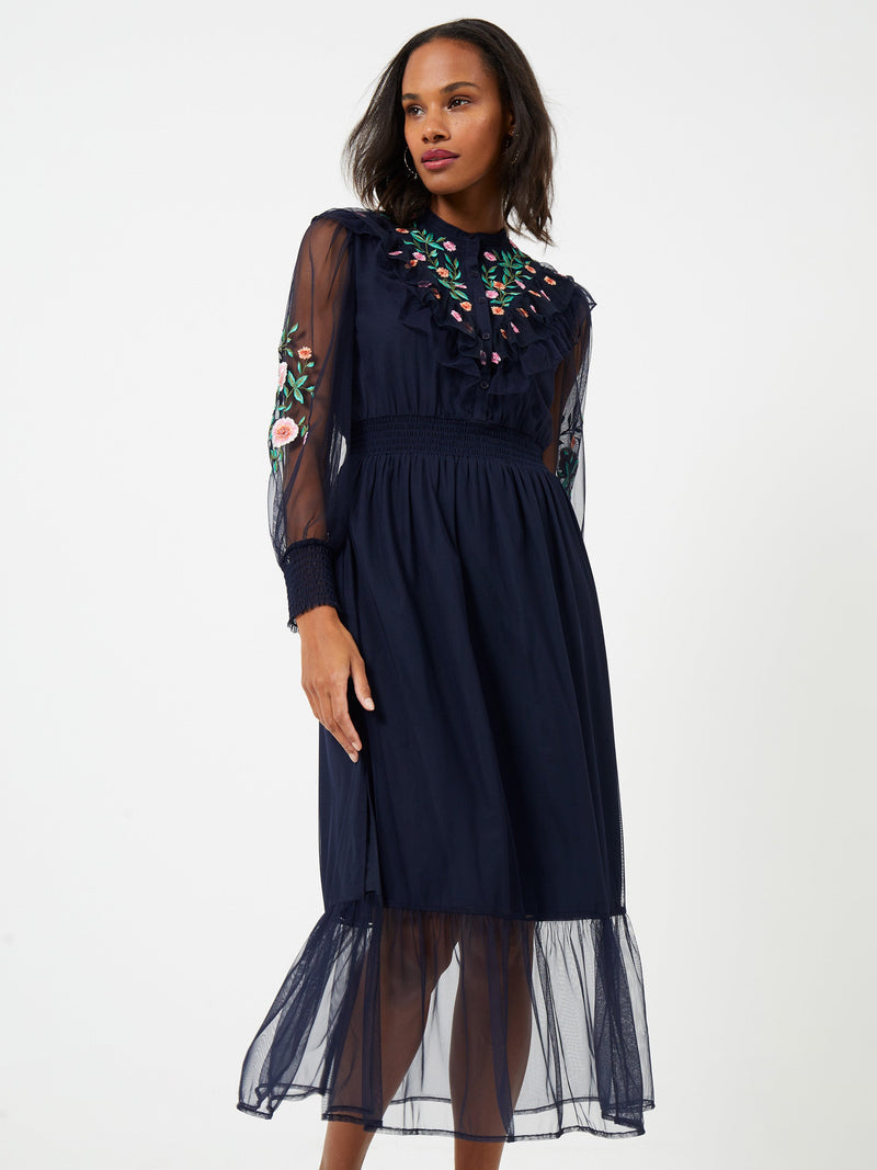 French Connection Abra Embroided Mesh Midi Dress